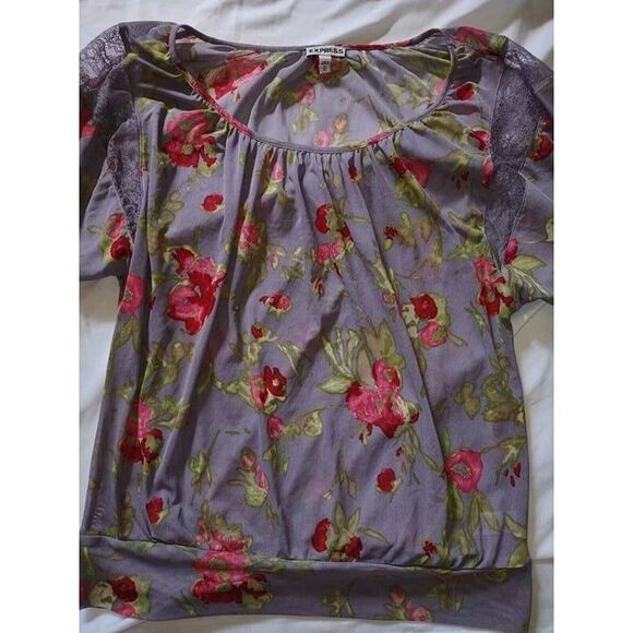 5/$25 Sz Med Express Sheer & Lace Mesh Top Floral Puff Sleeves Pinks Purple - Picture 2 of 11